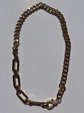 Gold Plated Mixed Link Chain Statement Necklace with Pavé Clasp